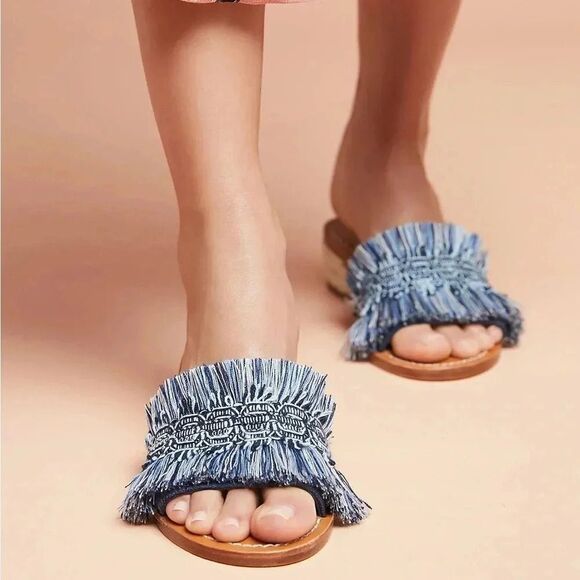 SALUDOS x ANTHROPOLOGIE  Blue Denim Fringe Panarea City Sandal Size 8 - Picture 1 of 9